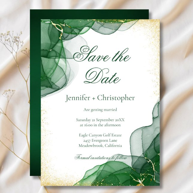 Invitación White Emerald Green Gold Marble Save The Date Card (White Emerald Green Gold Marble Save The Date Card)