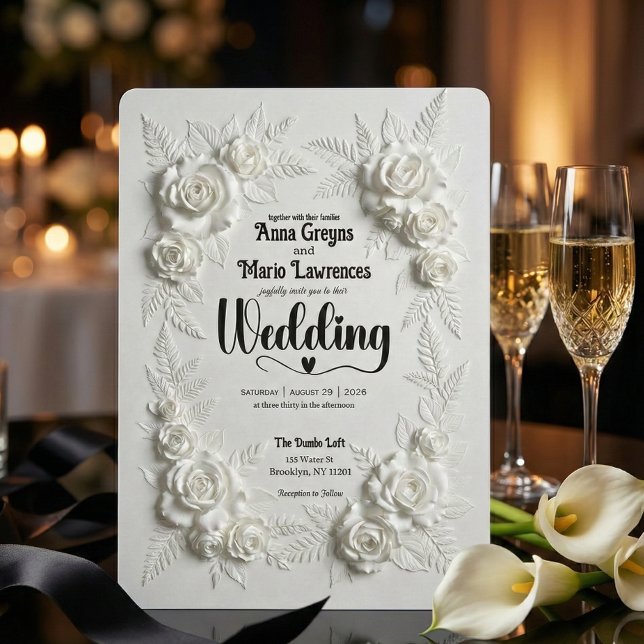 Invitación White Faux Bas Relief Floral Wedding Invitation (Subido por el creador)