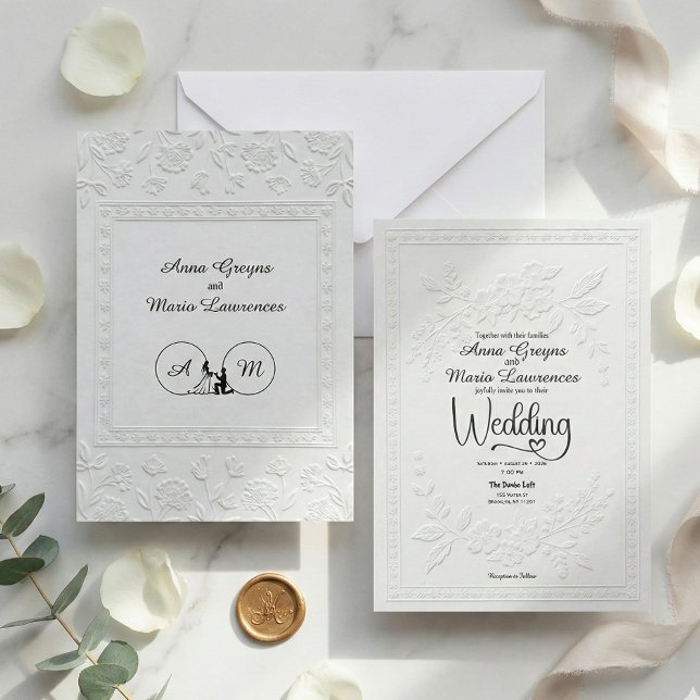 Invitación White Faux Embossed Floral Relief Formal Wedding  (Subido por el creador)
