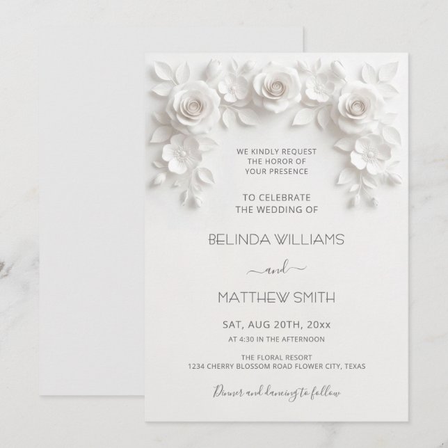 Invitación White Faux Relief Roses Frame Wedding Minimalist (Anverso / Reverso)