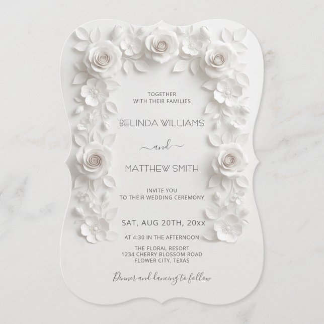 Invitación White Faux Relief Roses Frame Wedding Minimalist (Anverso)