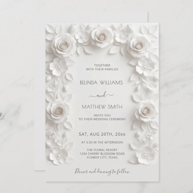 Invitación White Faux Relief Roses Frame Wedding Minimalist (Anverso / Reverso)
