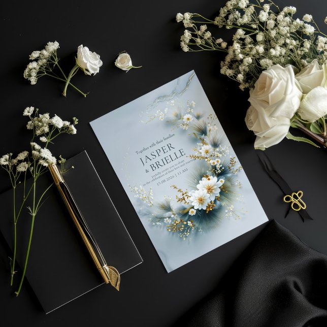 Invitación White Floral and Blue Pine Gold Wreath Wedding (Subido por el creador)