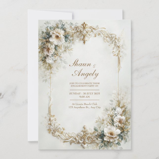 Invitación White Floral And Gold Baroque Scroll Wedding (Anverso)