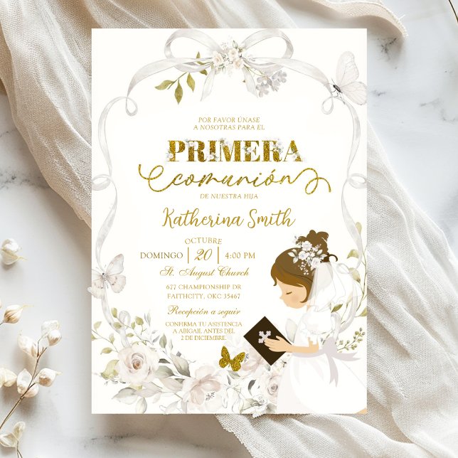 Invitación White Floral Bow Coquette Primera Communion (Subido por el creador)