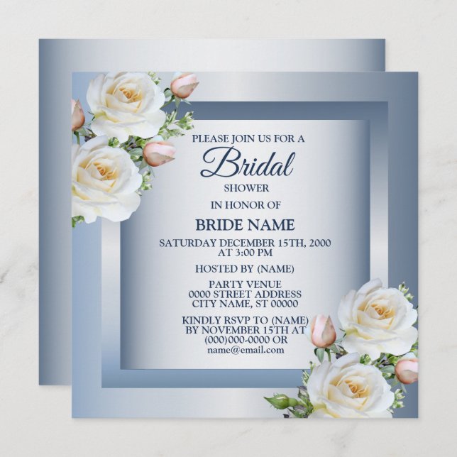 Invitación White Floral Elegant Blue Gray Bridal Shower (Anverso / Reverso)