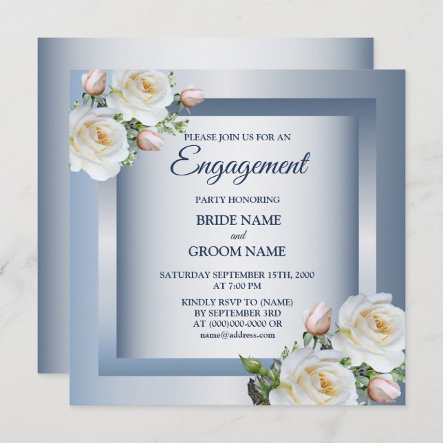Invitación White Floral Elegant Blue Gray Engagement Party (Anverso / Reverso)