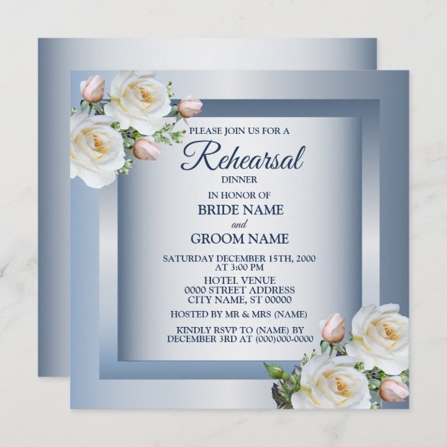 Invitación White Floral Elegant Blue Gray Rehearsal Dinner (Anverso / Reverso)