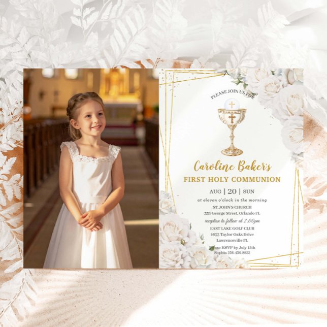 Invitación White Floral First Holy Communion Gold Chalice (Subido por el creador)