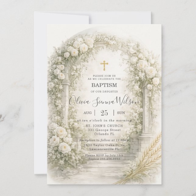 Invitación White Floral Garden Wheat Baptism Christening (Anverso)