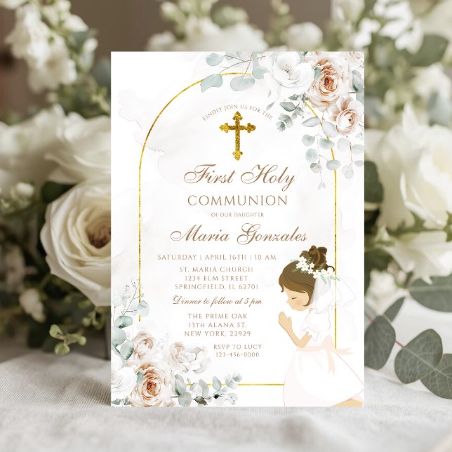 Invitación White Floral Gold Cross Girl First Holy Communion (Subido por el creador)