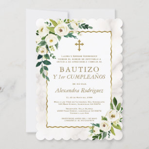 Invitación White Floral Gold Español Primer bautismo de cumpl