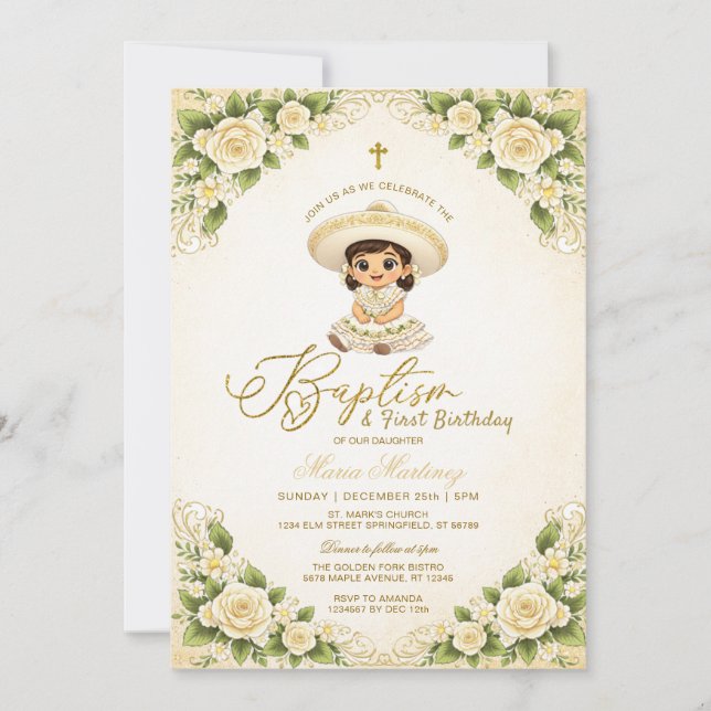 Invitación White Floral Gold Girl Charra Baptism 1st Birthday (Anverso)