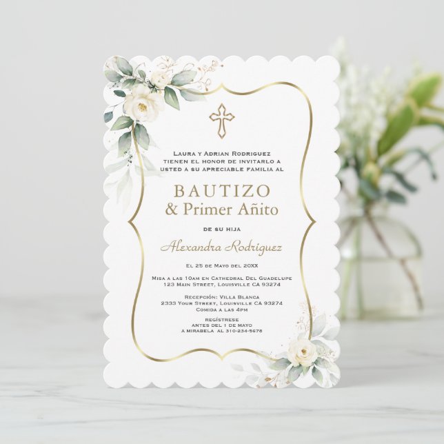Invitación White Floral Gold Spanish 1st Birthday Baptism  (Anverso de pie)
