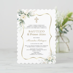 Invitación White Floral Gold Spanish 1st Birthday Baptism 