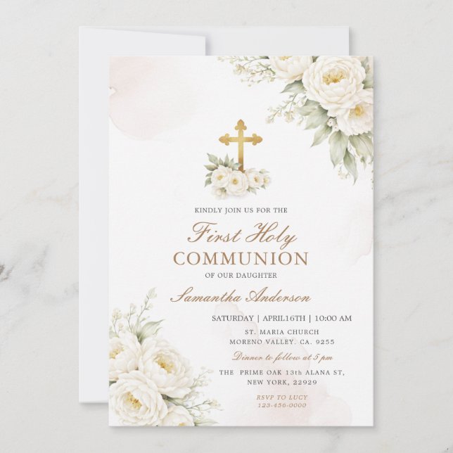 Invitación White Floral Ivory First Holy Communion  (Anverso)