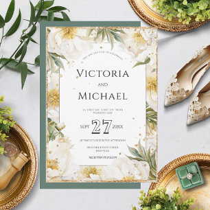 Invitación White Floral Peonies Boda Elegante de Oro