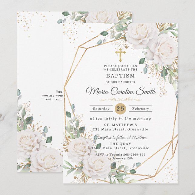 Invitación White Floral Roses Gold Cross Baptism  (Anverso / Reverso)