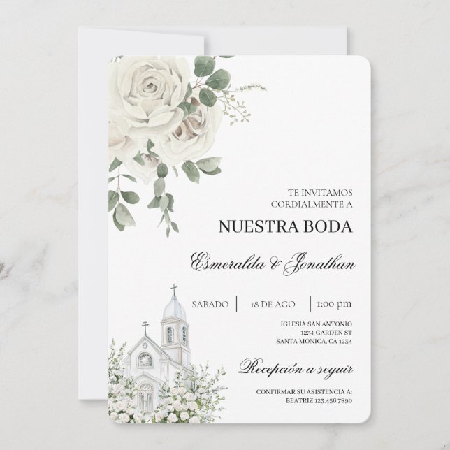 Invitación White Floral Spanish church Wedding Invitation (Anverso)