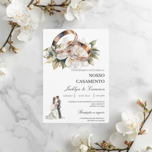 Invitación White Floral with ring Portuguese Wedding (Subido por el creador)
