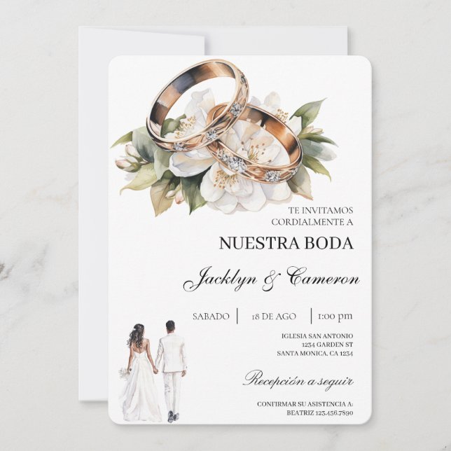 Invitación White Floral with ring Spanish Wedding (Anverso)