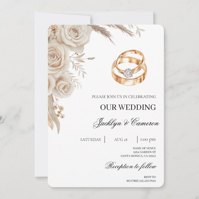 Invitación White Floral with ring Wedding (Anverso)