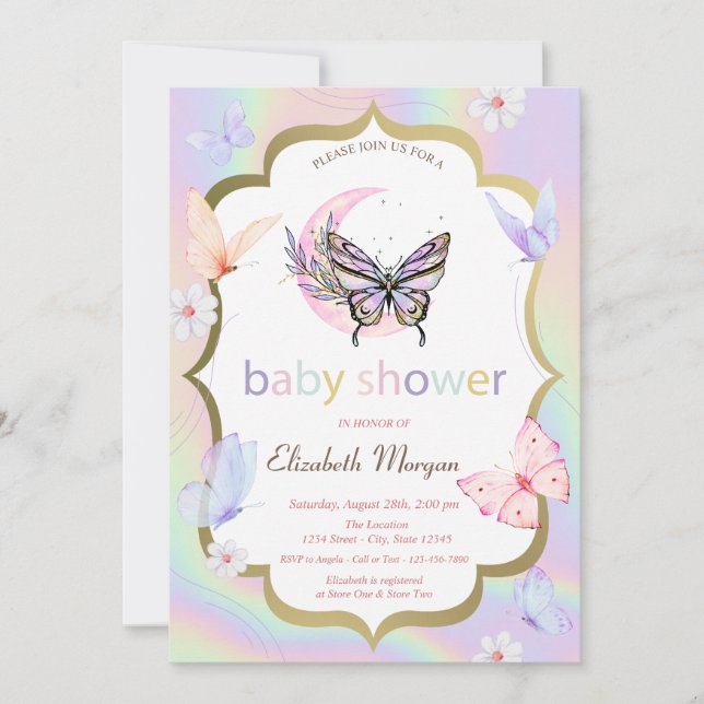 Invitación White Flowers Butterflies Holographic Baby Shower  (Anverso)