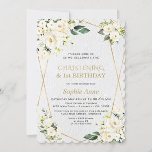 Invitación White Flowers Christening 1st Birthday Party