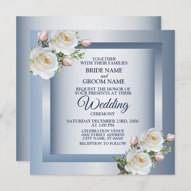 Invitación White Flowers Elegant Blue Gray Wedding (Anverso / Reverso)