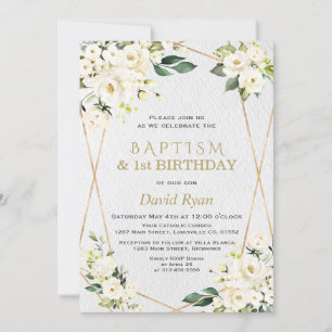 Invitación White Flowers Gold Baptism 1st Birthday Party
