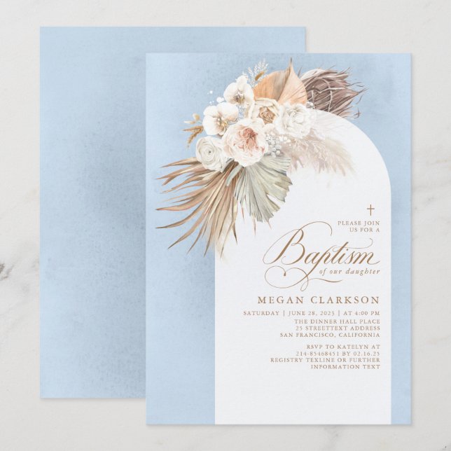 Invitación White Flowers Pampas Grass Boho Blue Baptism (Anverso / Reverso)
