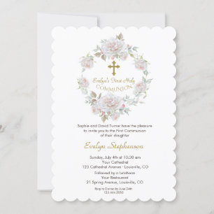 Invitación White Flowers Wreath Gold Cross Holy Communion