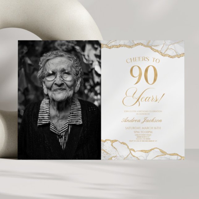 Invitación White Gold Agate Foto 90 cumpleaños (Subido por el creador)