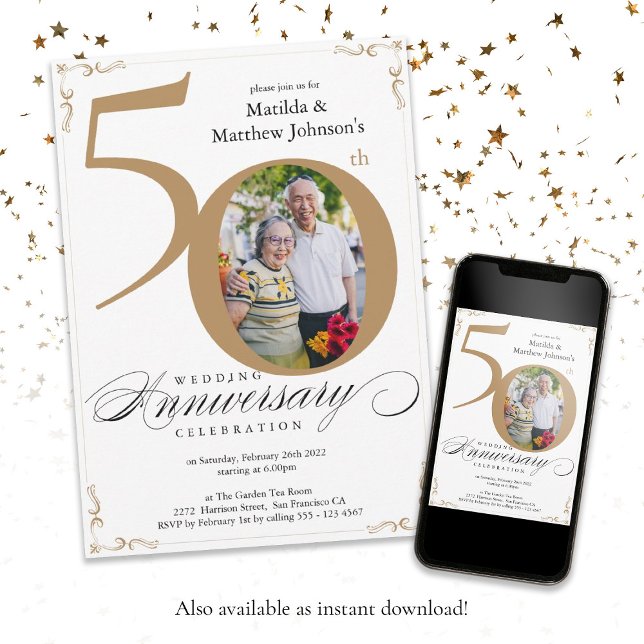 Invitación White Gold Calligraphy Photo 50th Anniversary  (White Gold Calligraphy Photo 50th Anniversary Invitation)