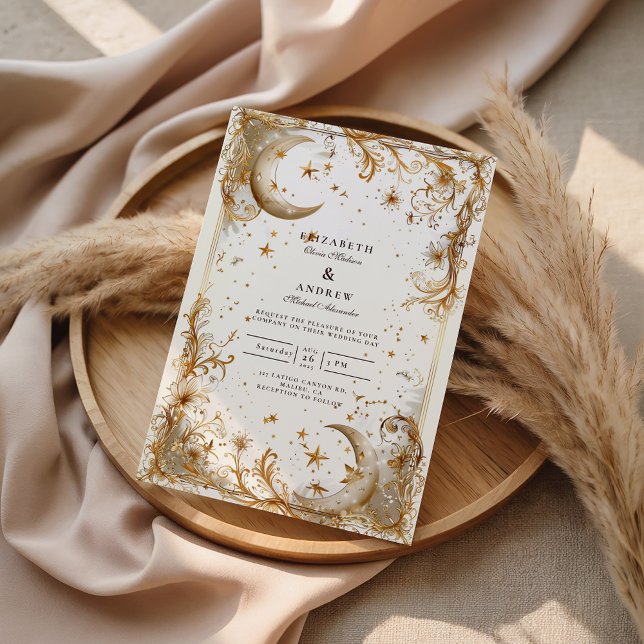 Invitación White Gold Celestial Moon & Stars Wedding (Subido por el creador)