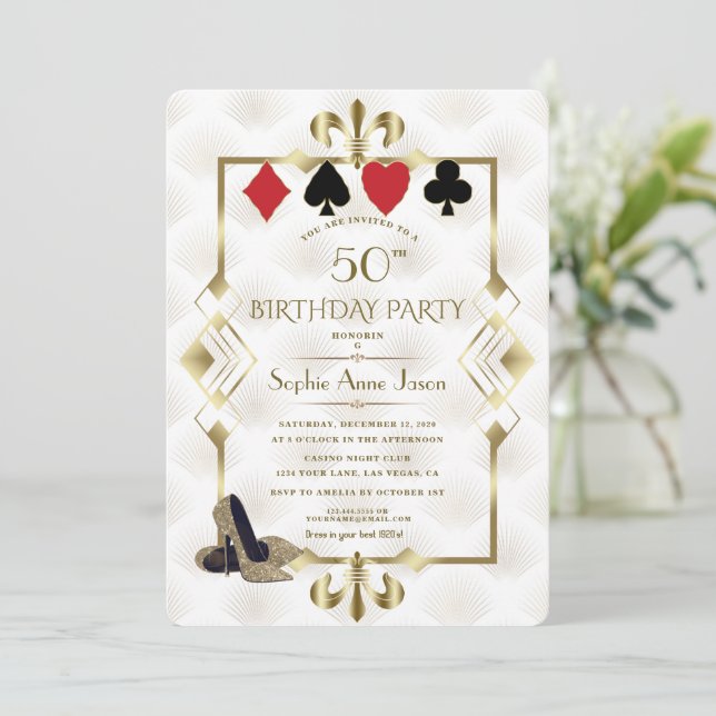 Invitación White Gold Fleur-deLis Casino Vegas Poker Cumpleañ (Anverso de pie)