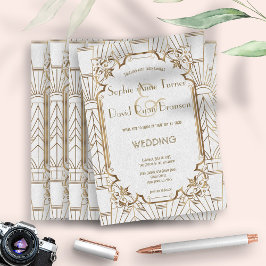 Invitación White Gold Great Gatsby Art Deco 1920s Wedding