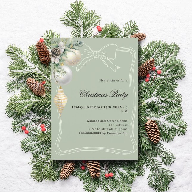 Invitación White gold green baubles bow Christmas Party (Subido por el creador)