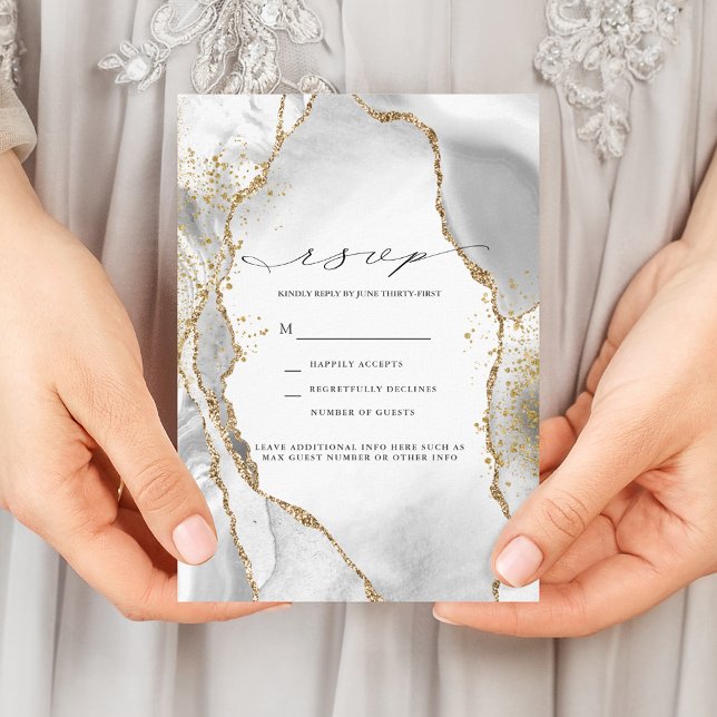 Invitación White, Gold y Grey Mist Agate Wedding RSVP (Subido por el creador)