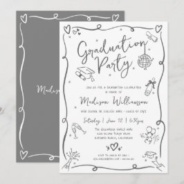 Invitación White Gray Hand Drawn Doodles Graduation Fun Party