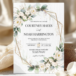 Invitación White Green Floral Gold Geometric Wedding