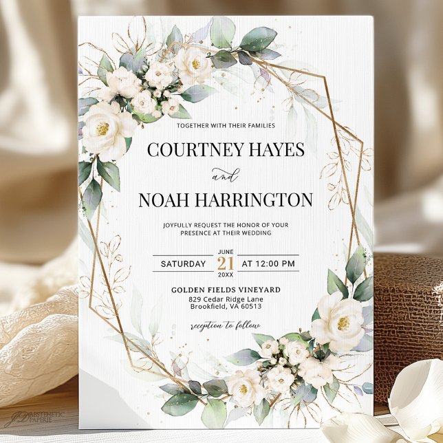 Invitación White Green Floral Gold Geometric Wedding (Subido por el creador)