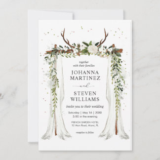 Invitación White Green Fowers Deer Antler Canopy Wedding