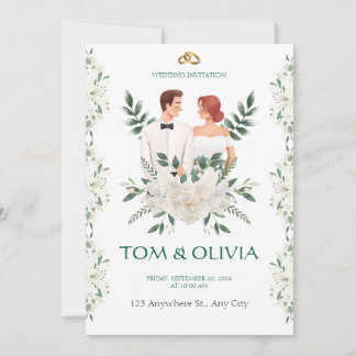 Invitación White & Green Minimalist Floral Wedding Invitation