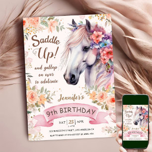Invitación White Horse 9.º Cumpleaños Floral Niña Silla Arrib