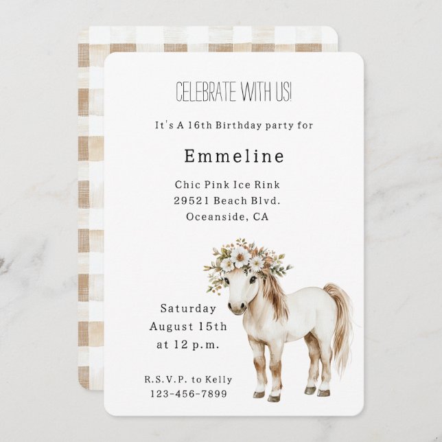 Invitación White Horse Floral 16th Birthday (Anverso / Reverso)