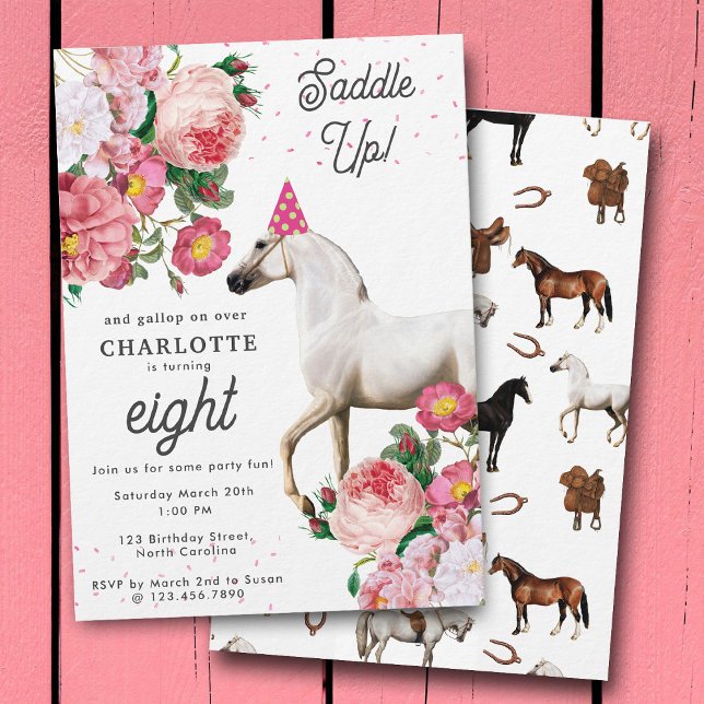 Invitación White Horse Pink Floral Girl Cowgirl Birthday (White Horse Pink Floral Girl Cowgirl Birthday Invitation)