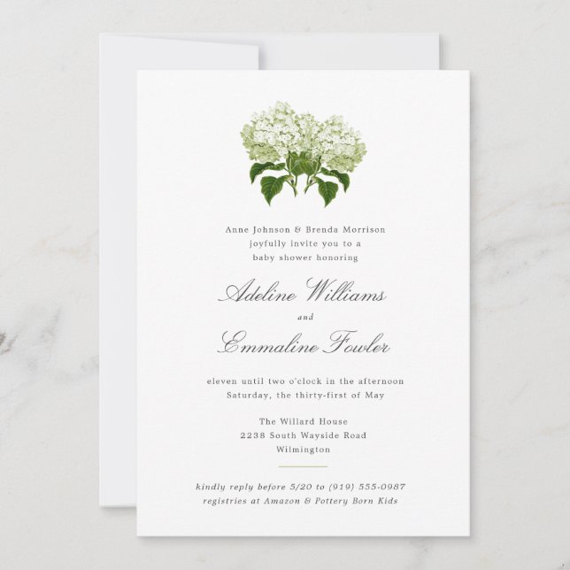 Invitación White Hydrangea Grand Millennial Joint Baby Shower (Anverso)