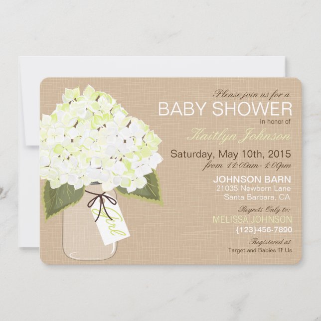 Invitación White Hydrangea Mason Jar Rustic Baby Shower (Anverso)