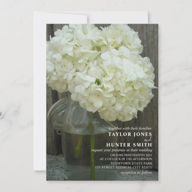 Invitación White Hydrangeas Mason Jar Boda (Anverso)